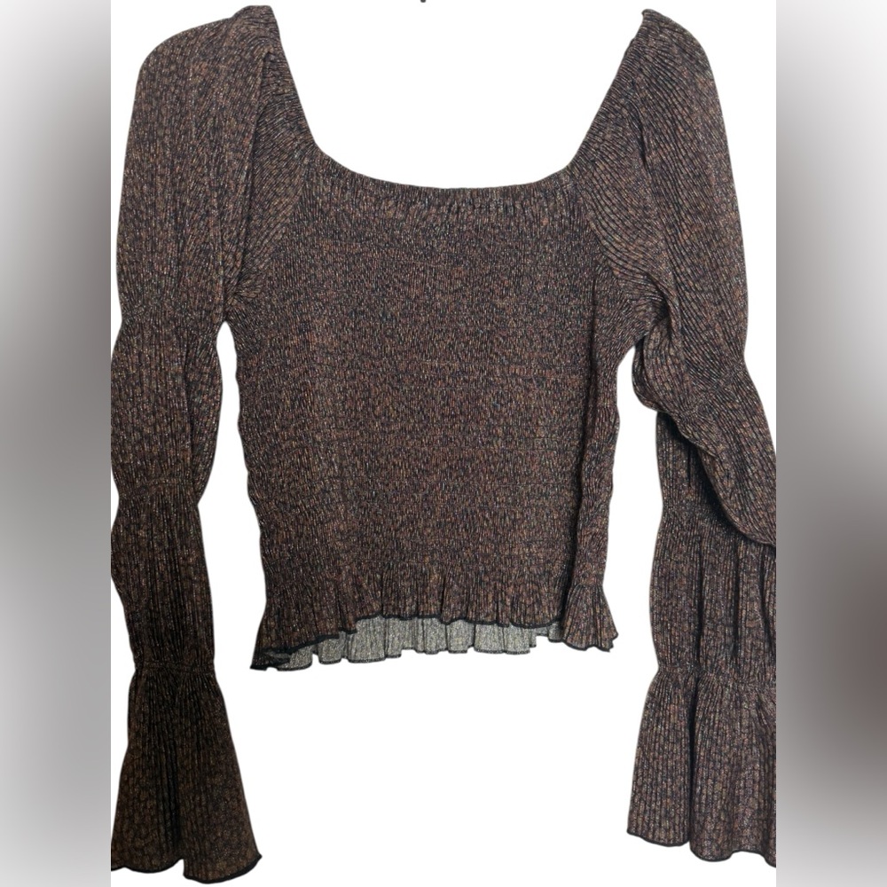 Anthropologie Bishop‎ Shimmer Smocked Puff Bell Long Sleeve Blouse Top